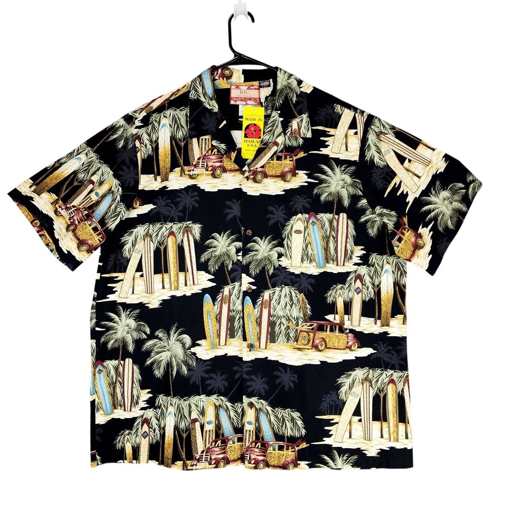 Vtg RJC‎ Hawaiian Camp Shirt 2XL Men Black Palms Surf Board Woody Wagon USA NEW